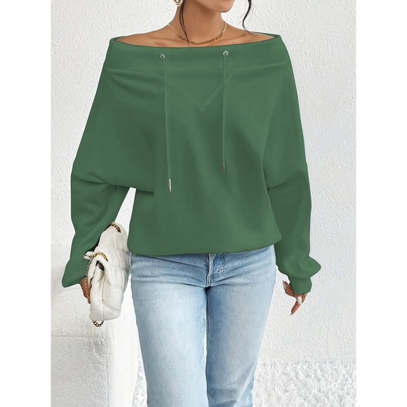 Elegant Style, Women's Casual Off-Shoulder Drawstring Sweatshirt - Chic Loose Fi - Picture 1 of 3